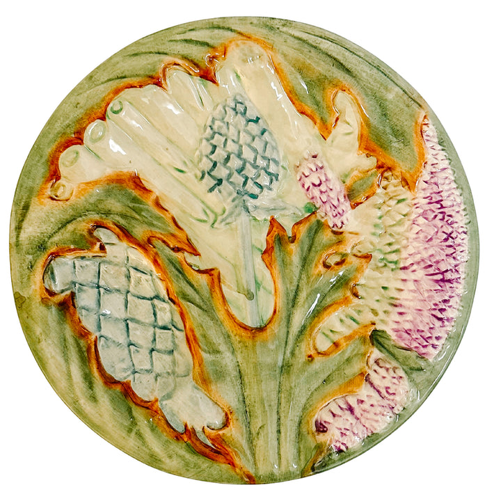 Antique French Majolica Barbotine Asparagus & Artichoke Plate