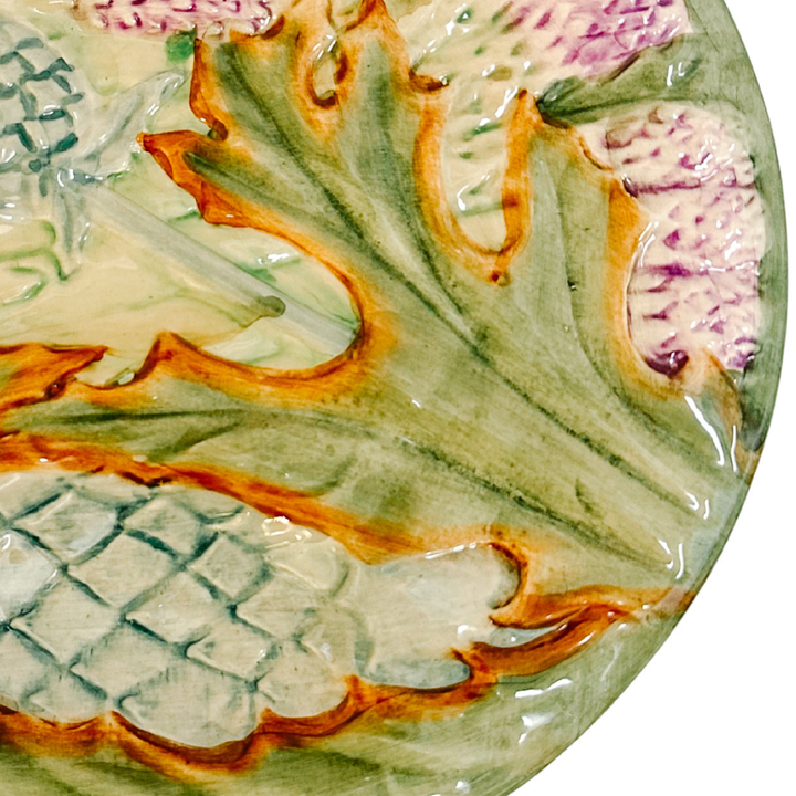 Antique French Majolica Barbotine Asparagus & Artichoke Plate