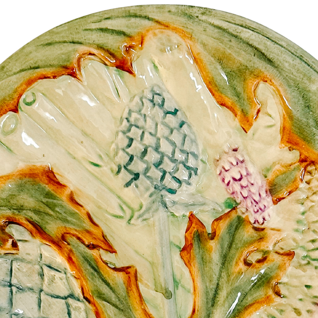 Antique French Majolica Barbotine Asparagus & Artichoke Plate