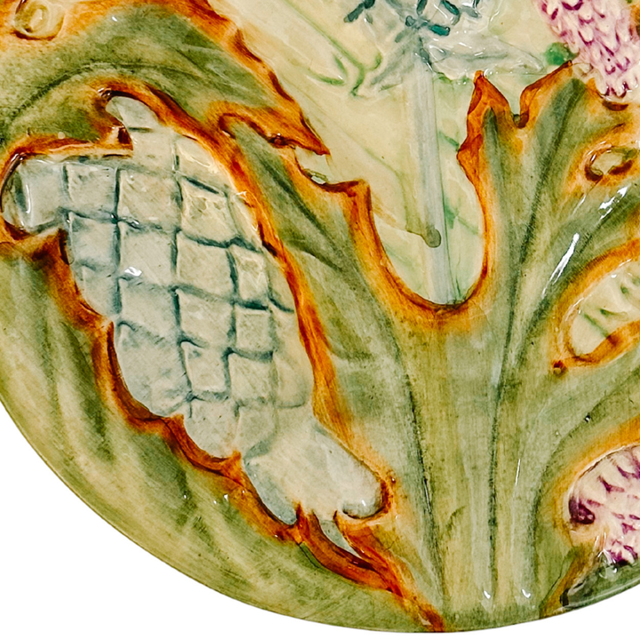Antique French Majolica Barbotine Asparagus & Artichoke Plate