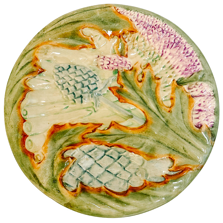 Antique French Majolica Barbotine Asparagus & Artichoke Plate