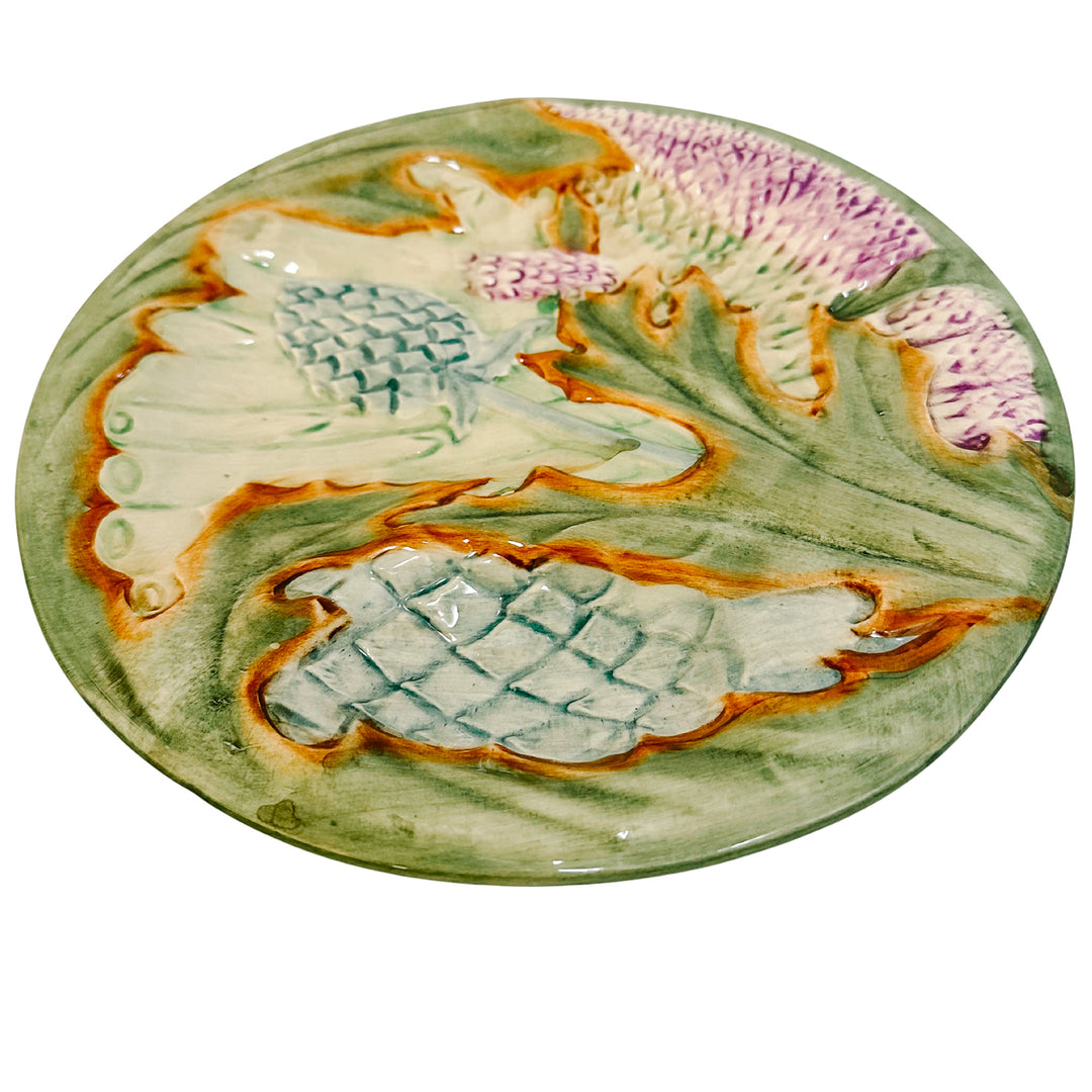 Antique French Majolica Barbotine Asparagus & Artichoke Plate