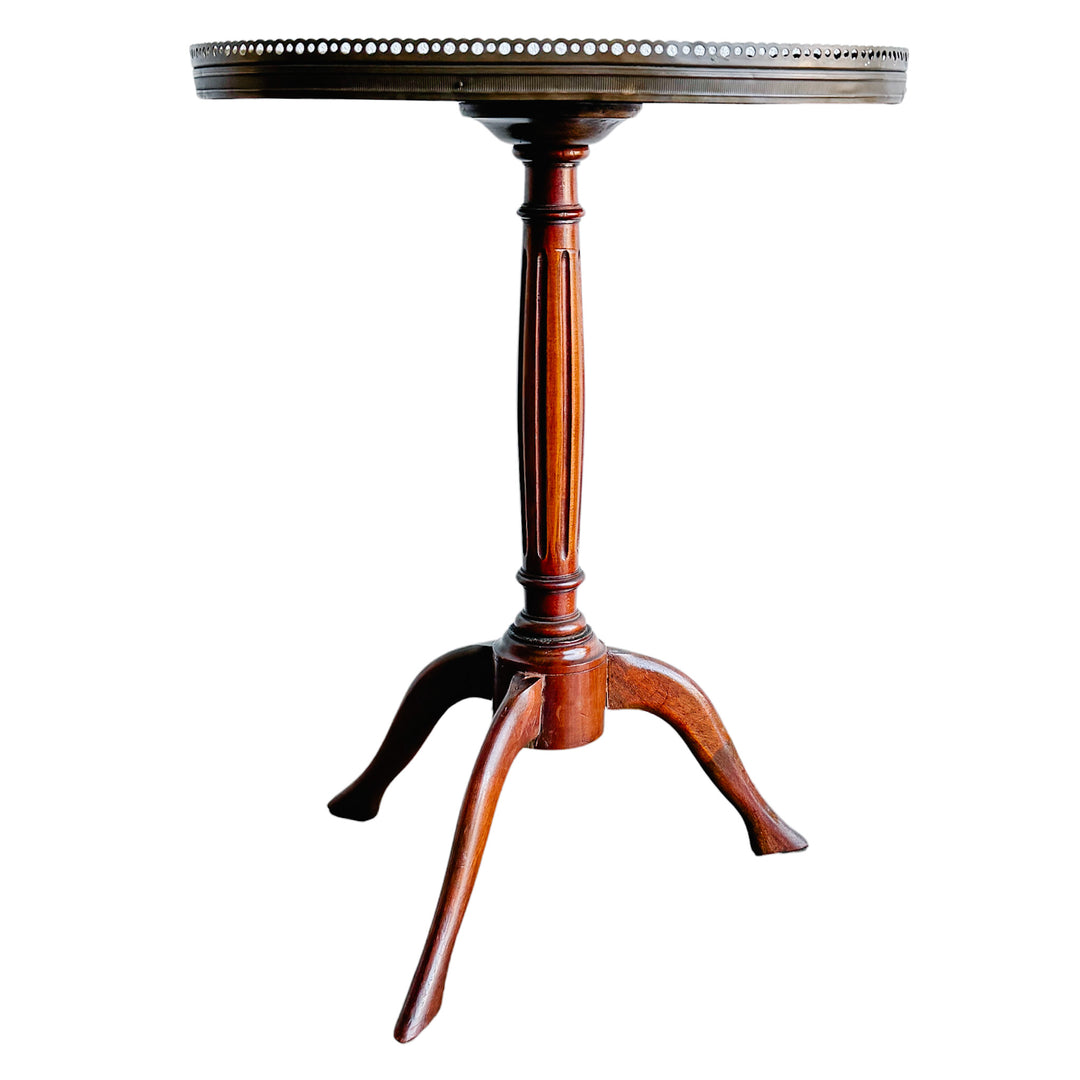 Antique French Neoclassical Mahogany Sunburst Inlaid Oval Side Table With Pierced Brass Gallery