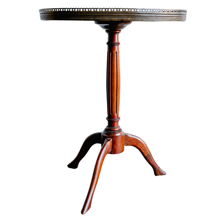 Antique French Neoclassical Mahogany Sunburst Inlaid Oval Side Table With Pierced Brass Gallery