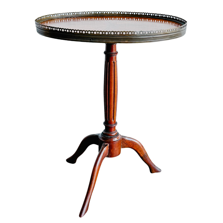 Antique French Neoclassical Mahogany Sunburst Inlaid Oval Side Table With Pierced Brass Gallery
