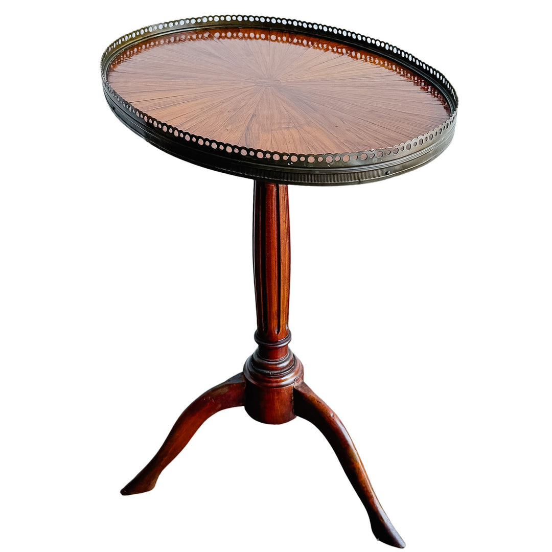 Antique French Neoclassical Mahogany Sunburst Inlaid Oval Side Table With Pierced Brass Gallery