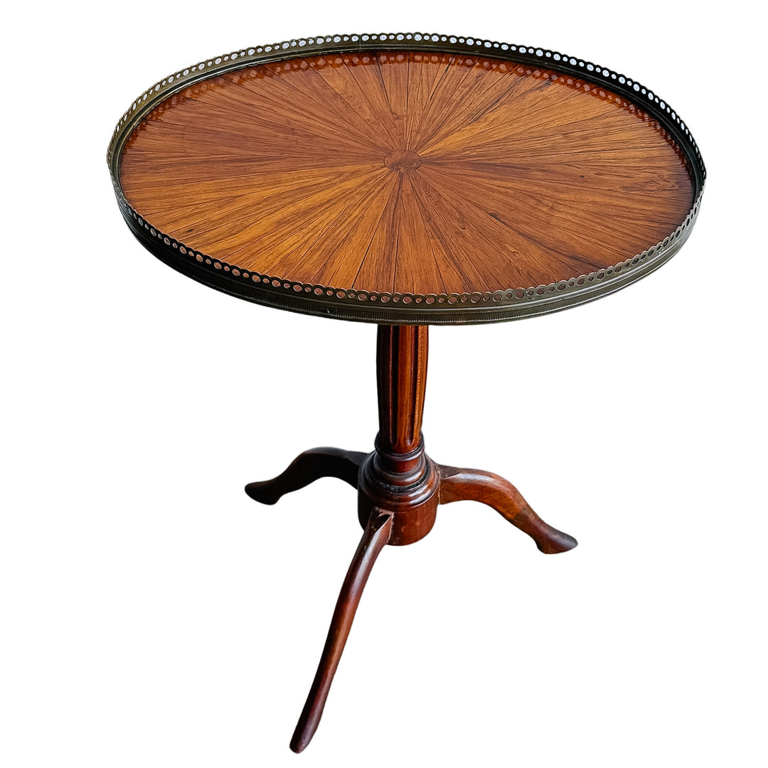 Antique French Neoclassical Mahogany Sunburst Inlaid Oval Side Table With Pierced Brass Gallery