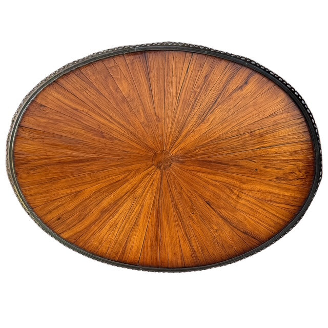 Antique French Neoclassical Mahogany Sunburst Inlaid Oval Side Table With Pierced Brass Gallery