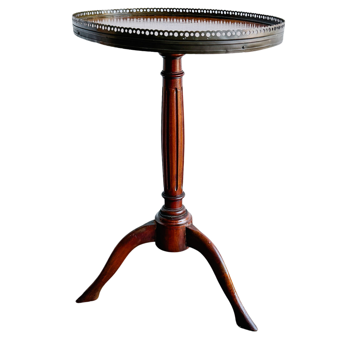 Antique French Neoclassical Mahogany Sunburst Inlaid Oval Side Table With Pierced Brass Gallery