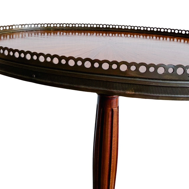 Antique French Neoclassical Mahogany Sunburst Inlaid Oval Side Table With Pierced Brass Gallery