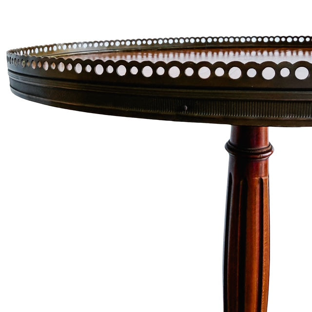 Antique French Neoclassical Mahogany Sunburst Inlaid Oval Side Table With Pierced Brass Gallery