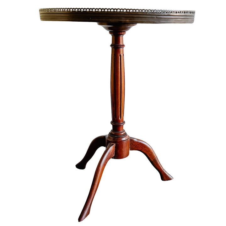 Antique French Neoclassical Mahogany Sunburst Inlaid Oval Side Table With Pierced Brass Gallery