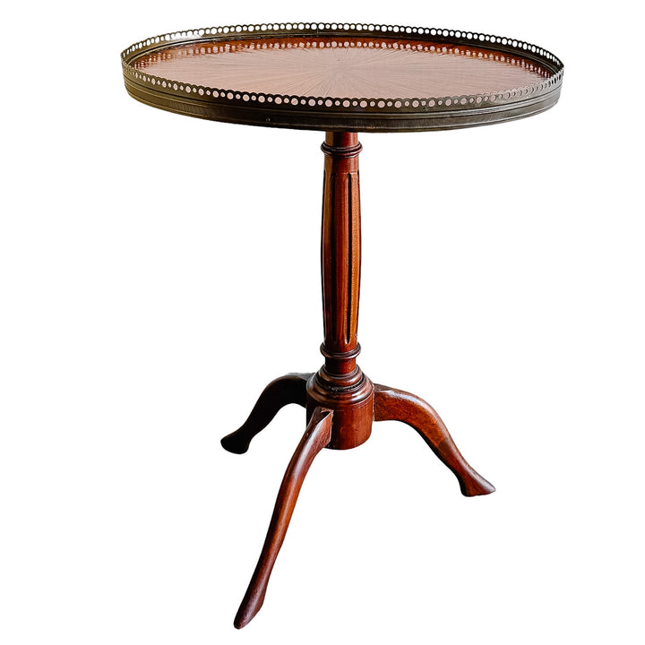 Antique French Neoclassical Mahogany Sunburst Inlaid Oval Side Table With Pierced Brass Gallery