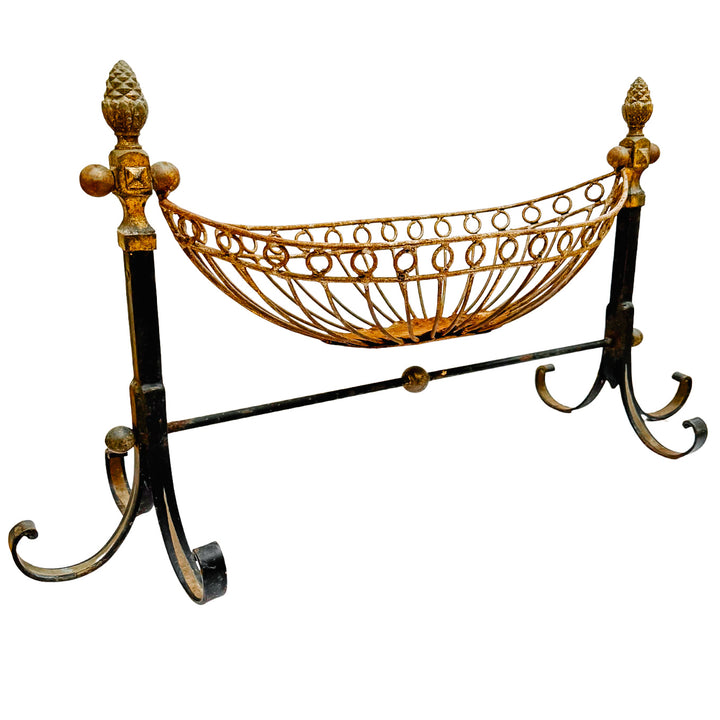 Antique French Wrought Iron Pinecone Swinging Kindling Log Holder