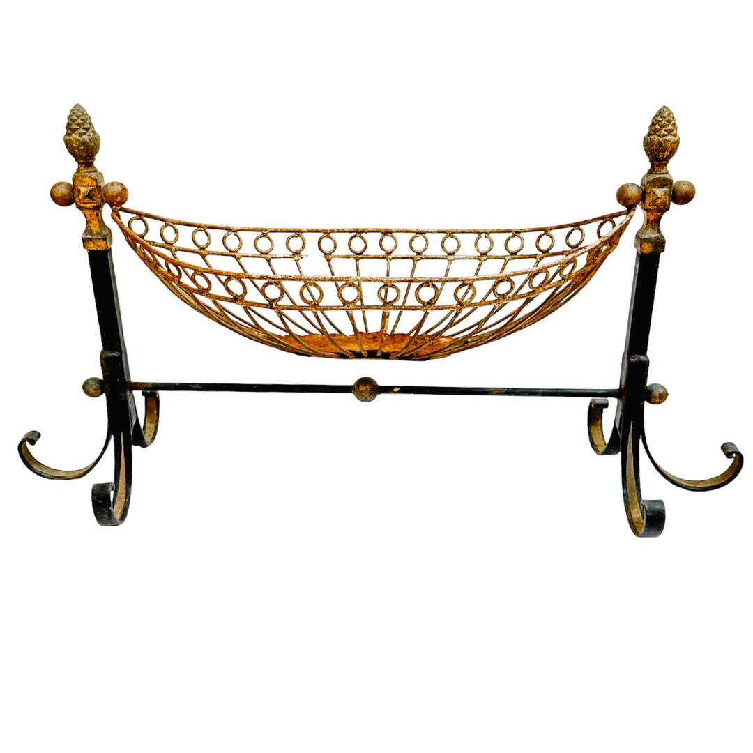 Antique French Wrought Iron Pinecone Swinging Kindling Log Holder