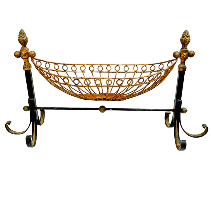 Antique French Wrought Iron Pinecone Swinging Kindling Log Holder