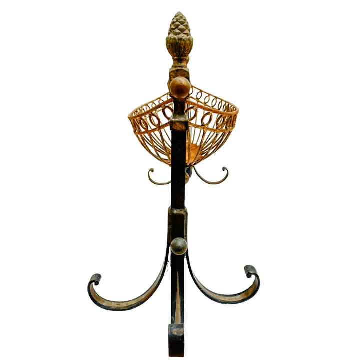 Antique French Wrought Iron Pinecone Swinging Kindling Log Holder