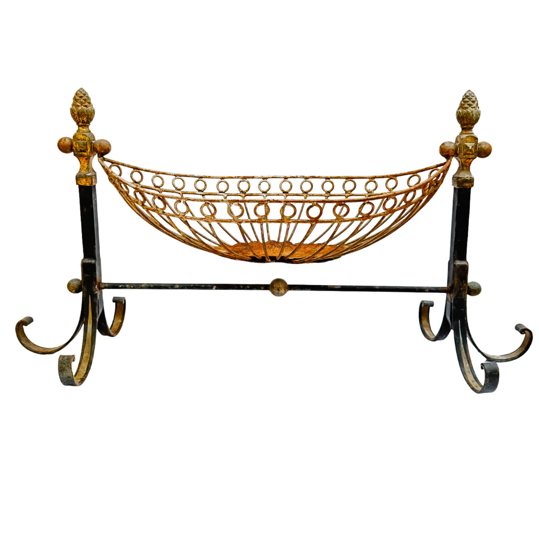 Antique French Wrought Iron Pinecone Swinging Kindling Log Holder