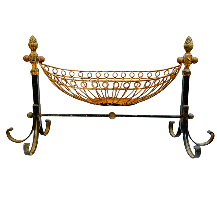 Antique French Wrought Iron Pinecone Swinging Kindling Log Holder
