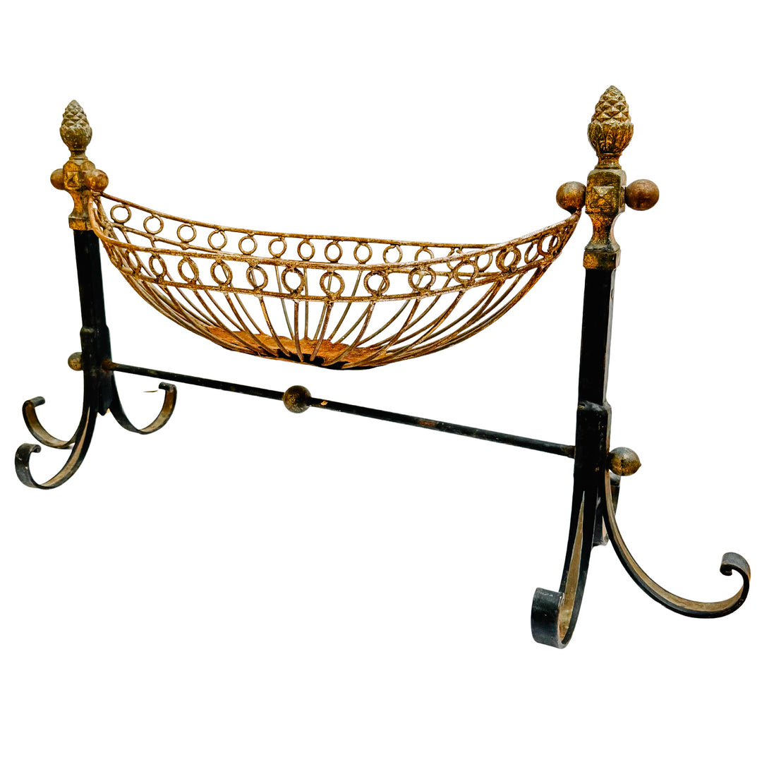 Antique French Wrought Iron Pinecone Swinging Kindling Log Holder