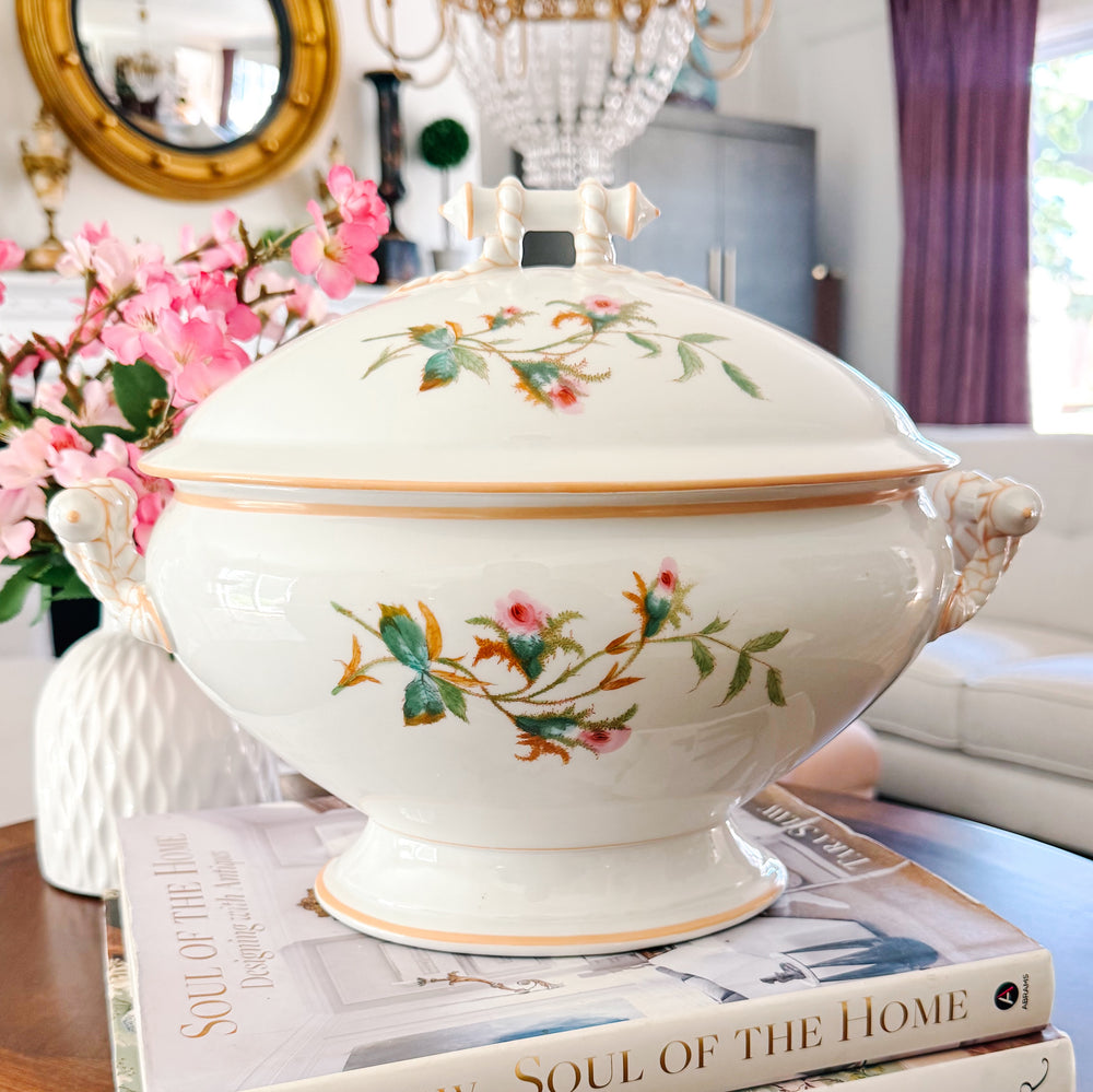 Antique Haviland & Co. Limoges Porcelain Soup Tureen with Lid, Schleiger Rose Pattern