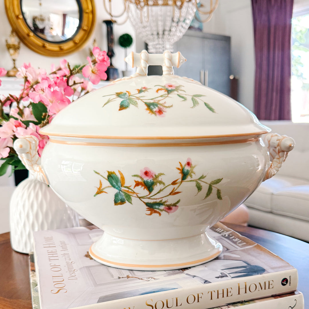 Antique Haviland & Co. Limoges Porcelain Soup Tureen with Lid, Schleiger Rose Pattern