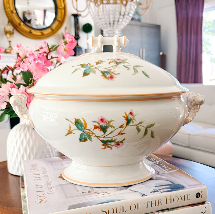 Antique Haviland & Co. Limoges Porcelain Soup Tureen with Lid, Schleiger Rose Pattern