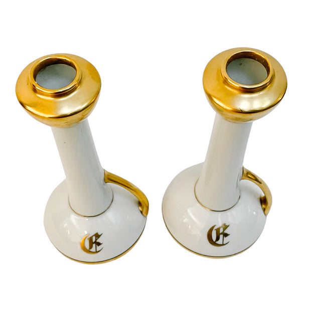 Antique Limoges Monogrammed Handled Candlestick Holders