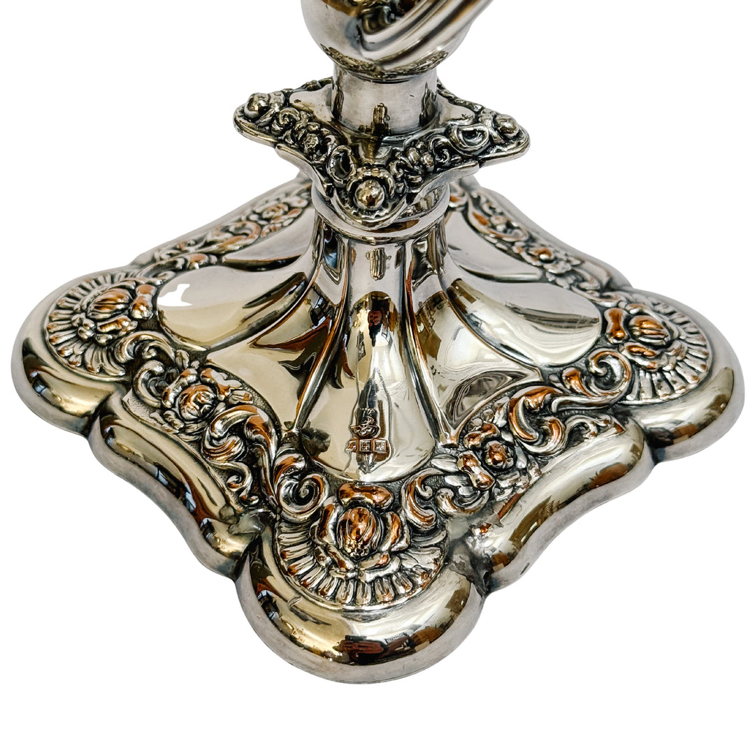 Antique Rococo Style Barker Ellis English Silver Plated 3-Arm Candelabras