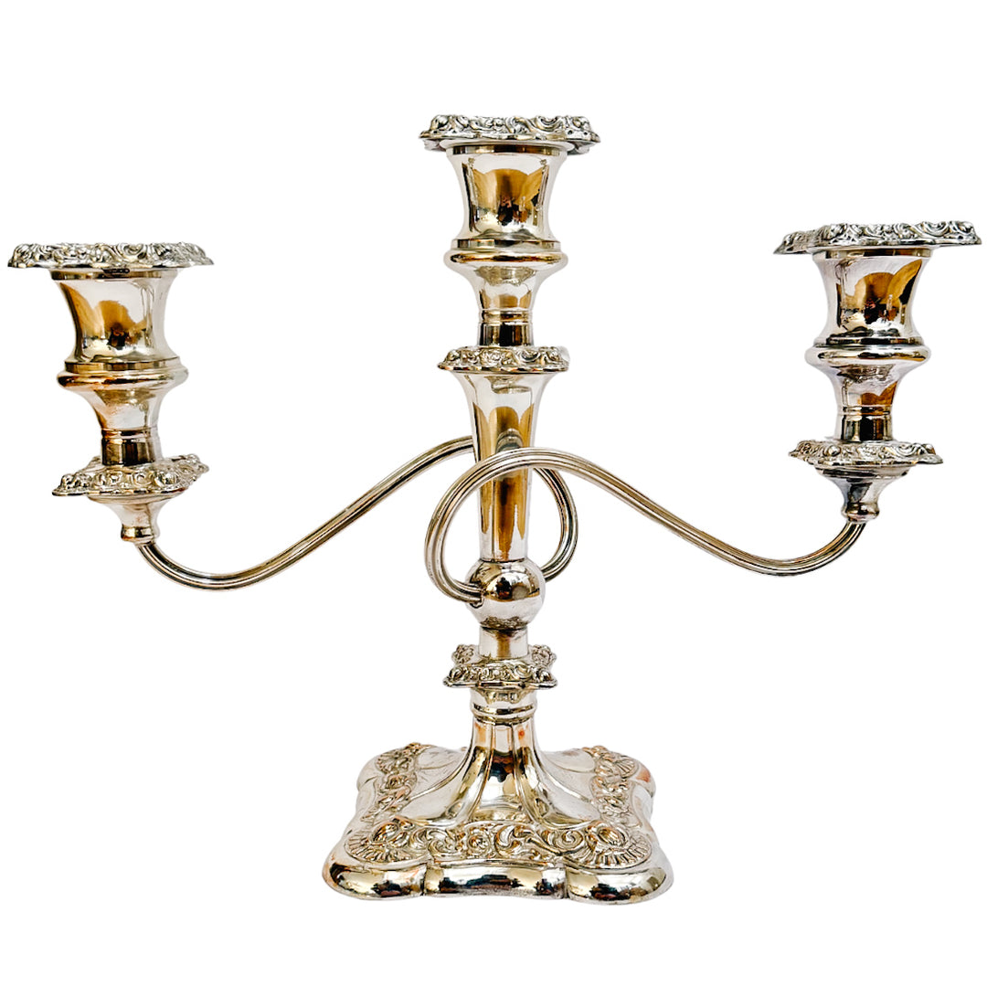 Antique Rococo Style Barker Ellis English Silver Plated 3-Arm Candelabras
