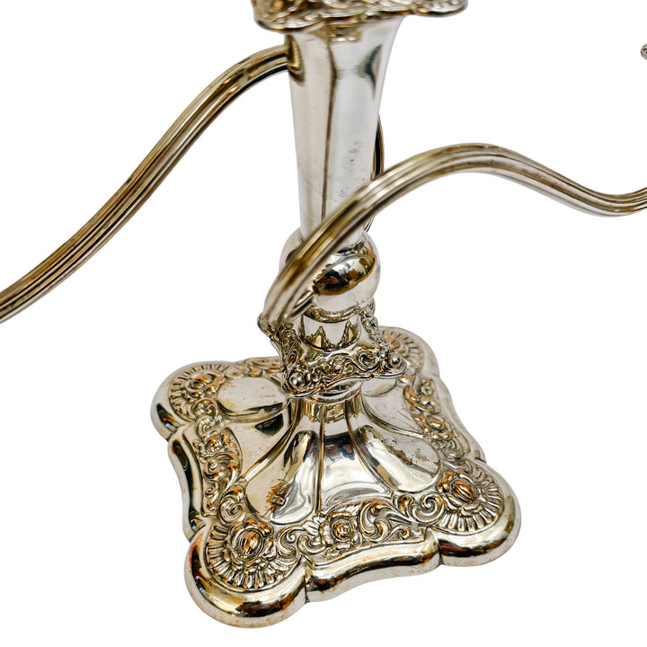 Antique Rococo Style Barker Ellis English Silver Plated 3-Arm Candelabras