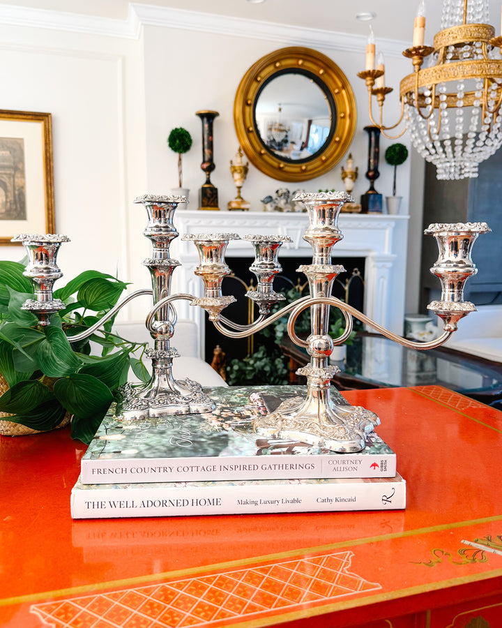 Antique Rococo Style Barker Ellis English Silver Plated 3-Arm Candelabras