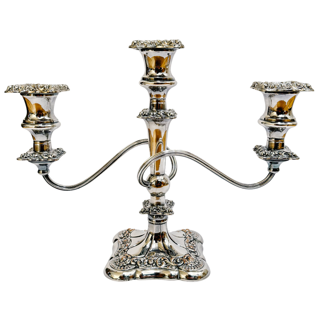 Antique Rococo Style Barker Ellis English Silver Plated 3-Arm Candelabras