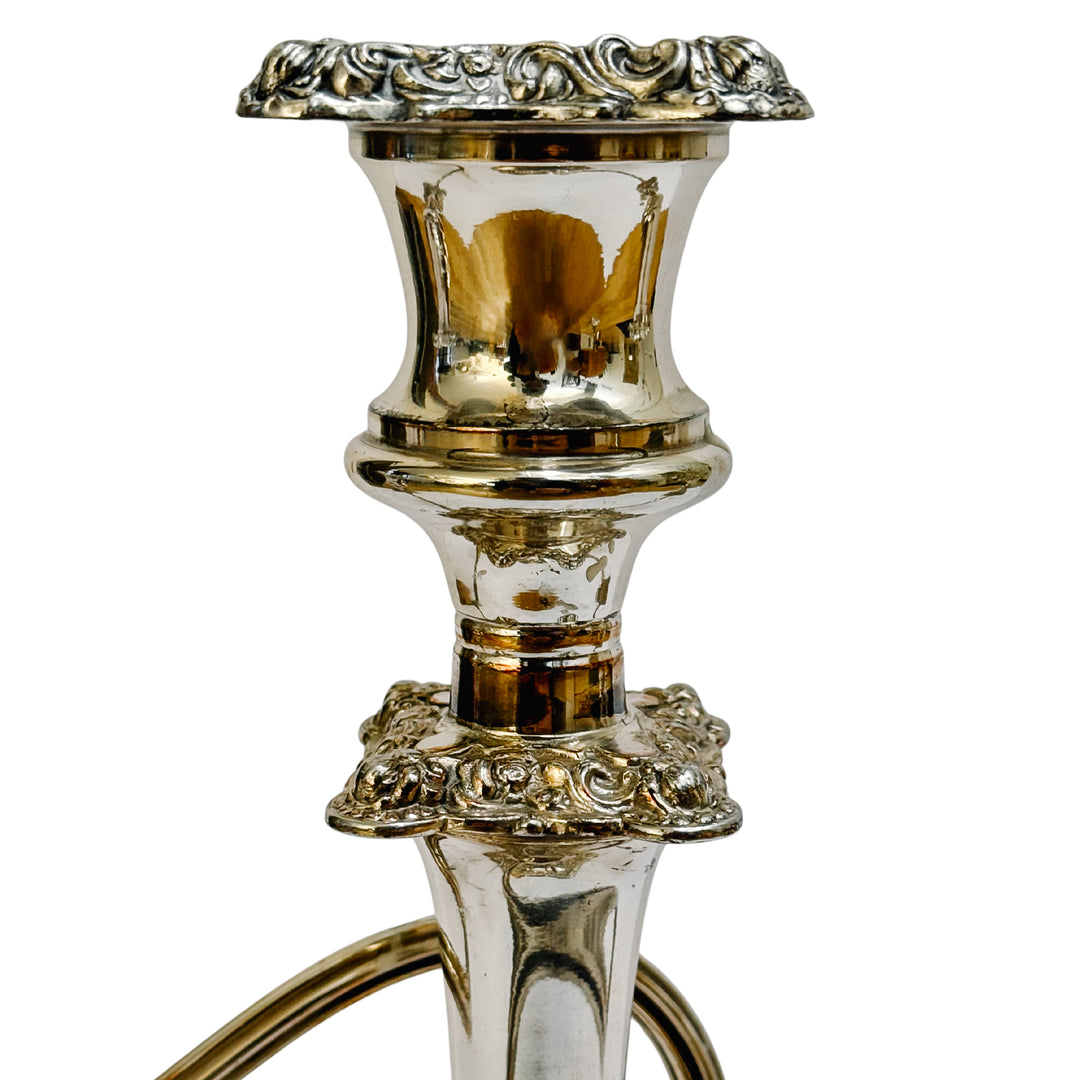 Antique Rococo Style Barker Ellis English Silver Plated 3-Arm Candelabras