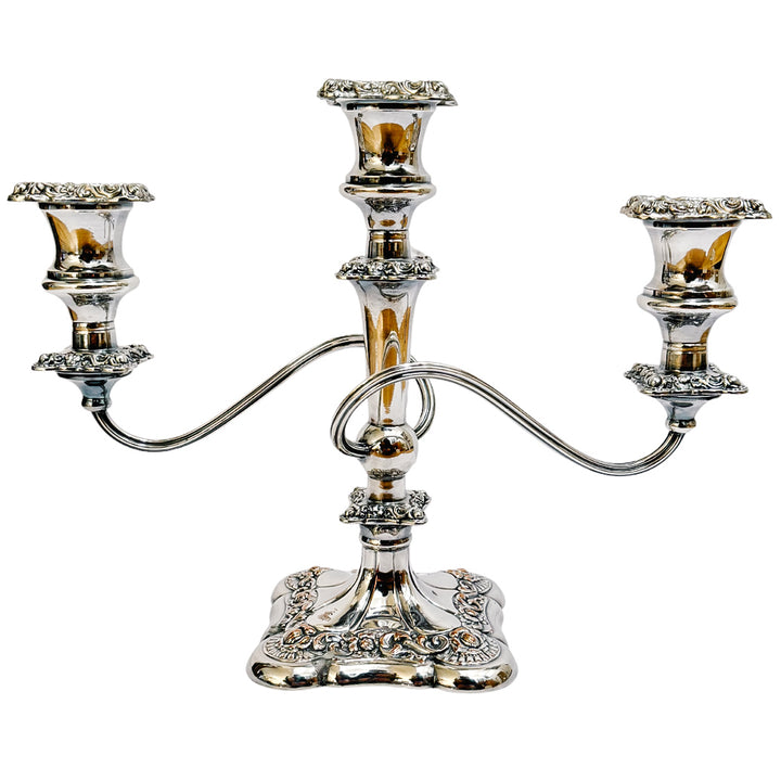 Antique Rococo Style Barker Ellis English Silver Plated 3-Arm Candelabras