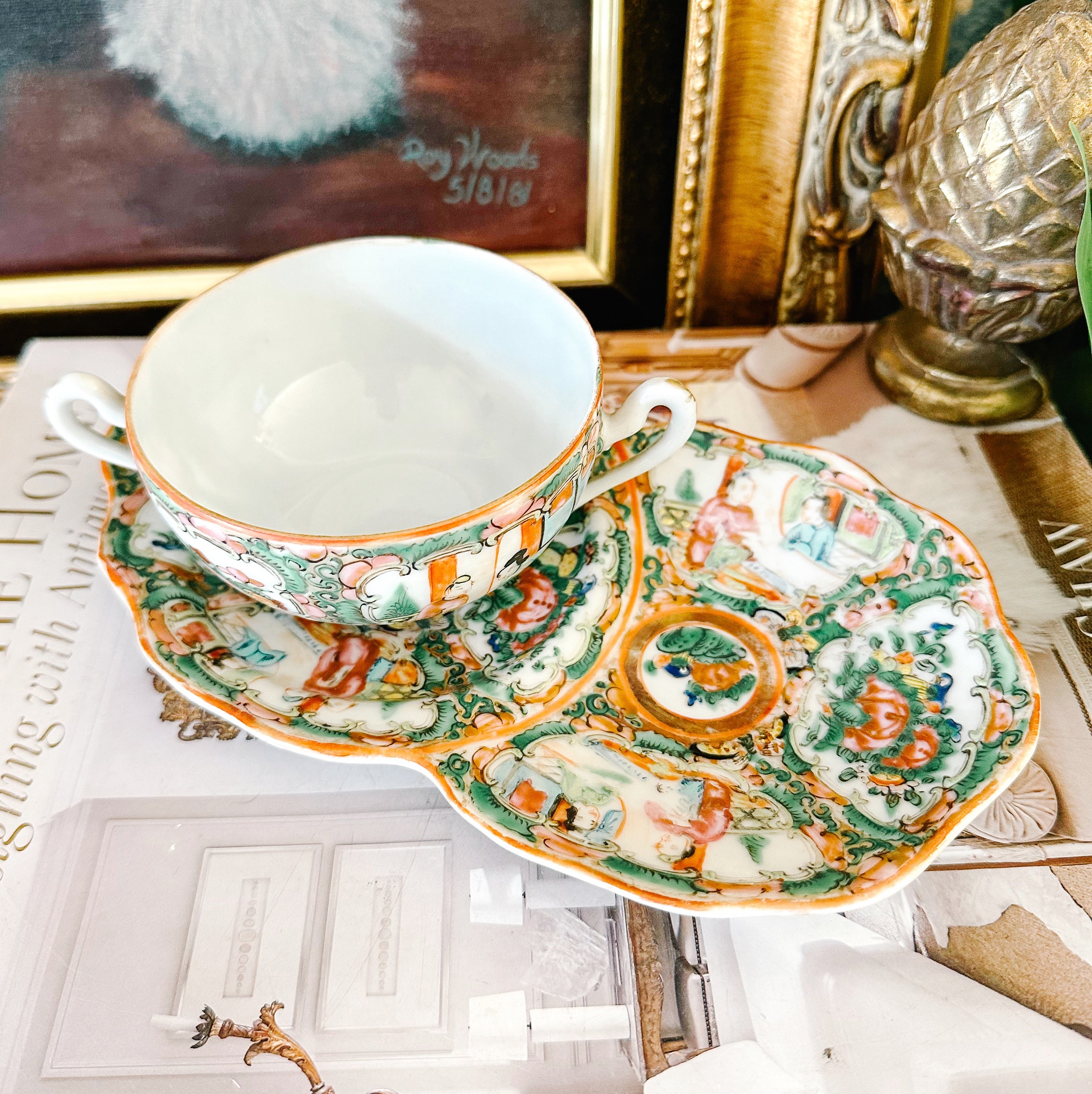 Antique Rose Medallion Snack Plate With Double Handled Cup – House