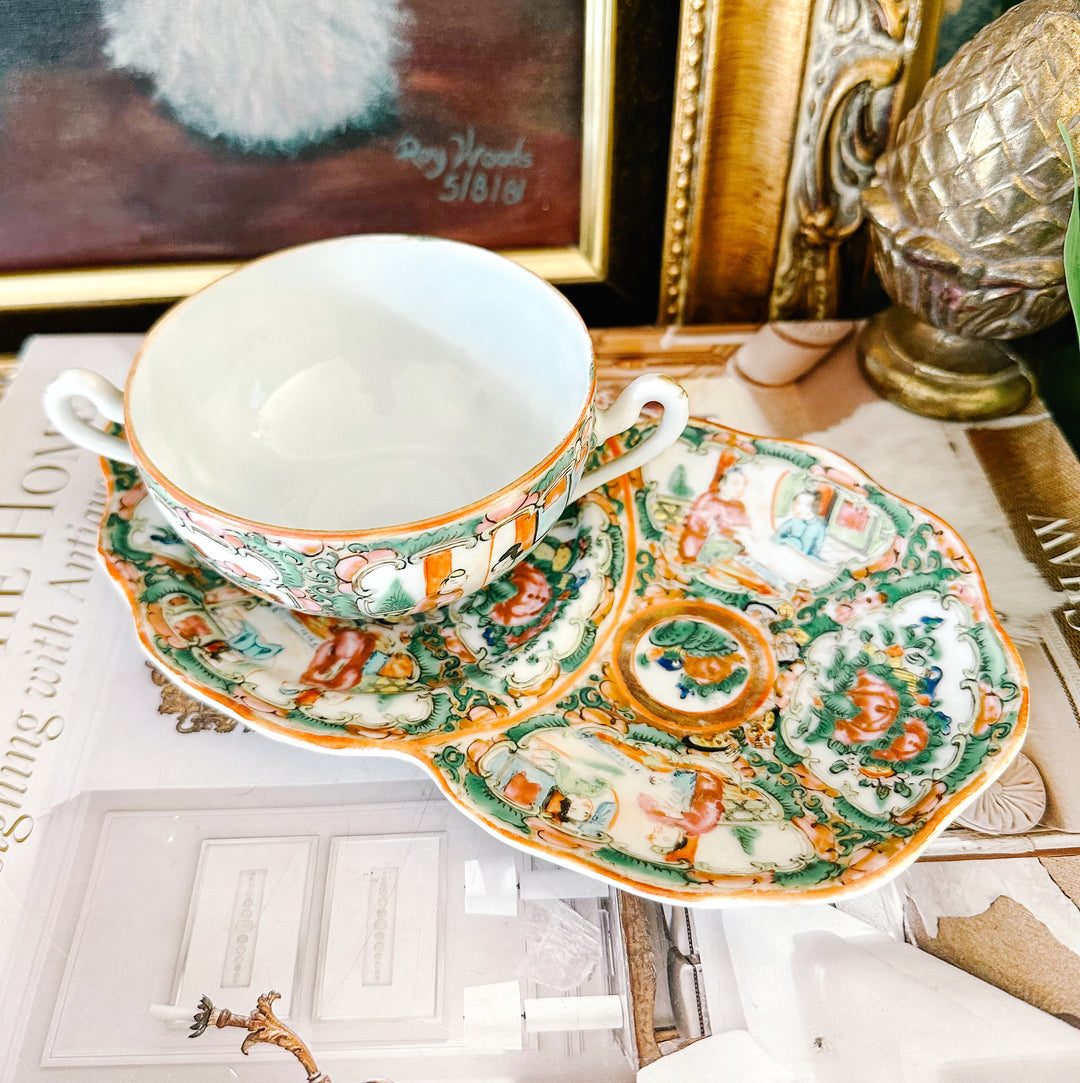 Antique Rose Medallion Snack Plate With Double Handled Cup