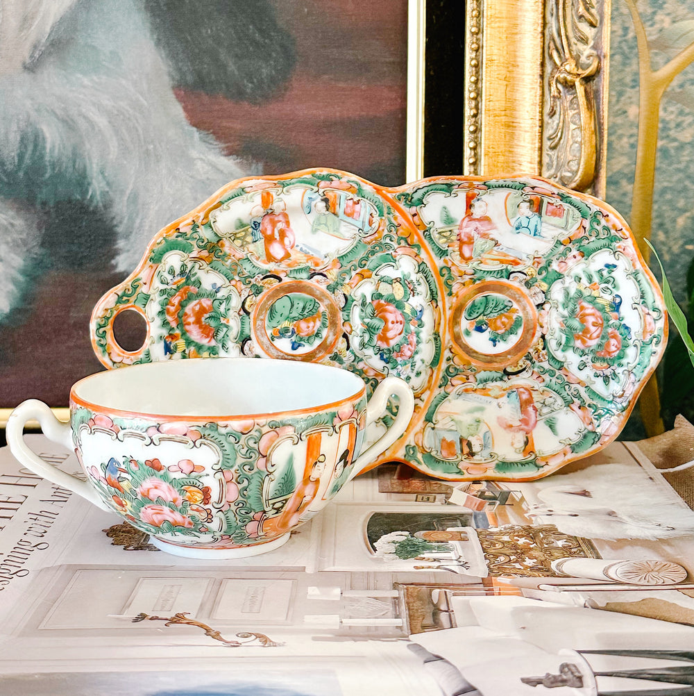 Antique Rose Medallion Snack Plate With Double Handled Cup