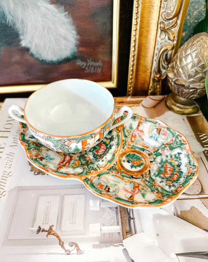 Antique Rose Medallion Snack Plate With Double Handled Cup