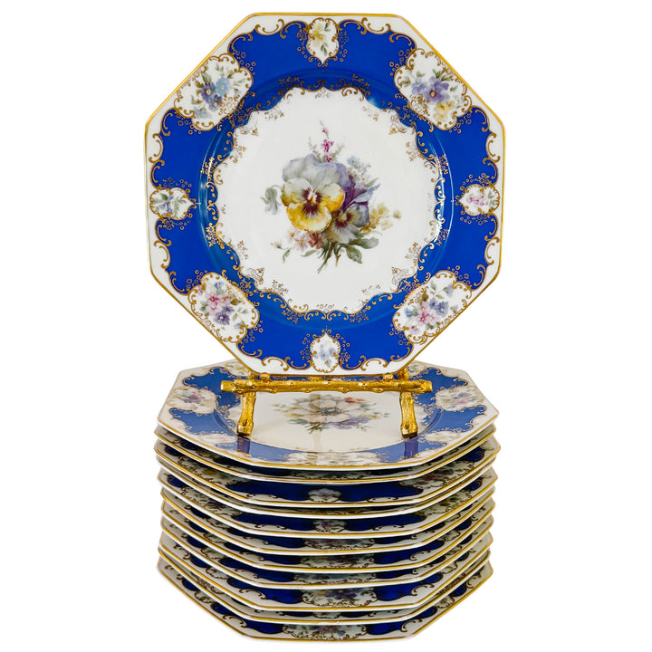Antique Rosenthal Cobalt Blue & Gilt Octagonal Floral Dinner Plates, Set of 12