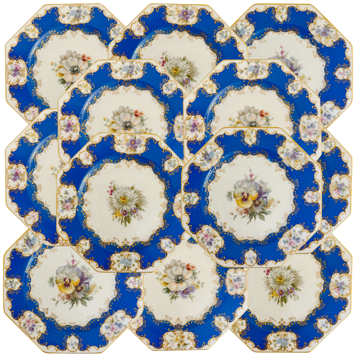 Antique Rosenthal Cobalt Blue & Gilt Octagonal Floral Dinner Plates, Set of 12
