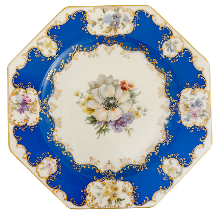 Antique Rosenthal Cobalt Blue & Gilt Octagonal Floral Dinner Plates, Set of 12