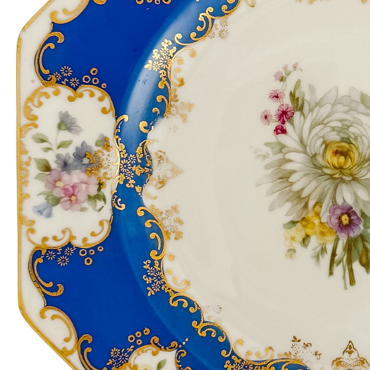 Antique Rosenthal Cobalt Blue & Gilt Octagonal Floral Dinner Plates, Set of 12