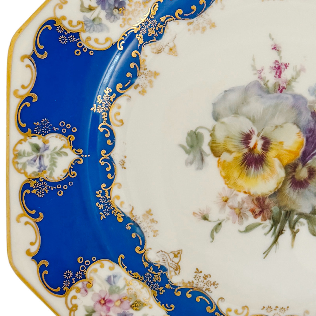 Antique Rosenthal Cobalt Blue & Gilt Octagonal Floral Dinner Plates, Set of 12