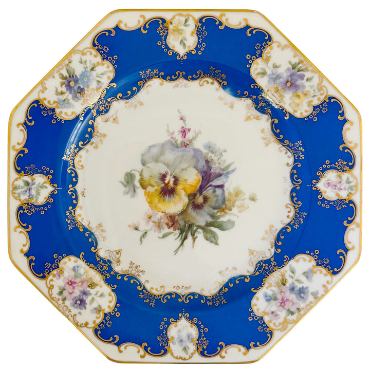 Antique Rosenthal Cobalt Blue & Gilt Octagonal Floral Dinner Plates, Set of 12