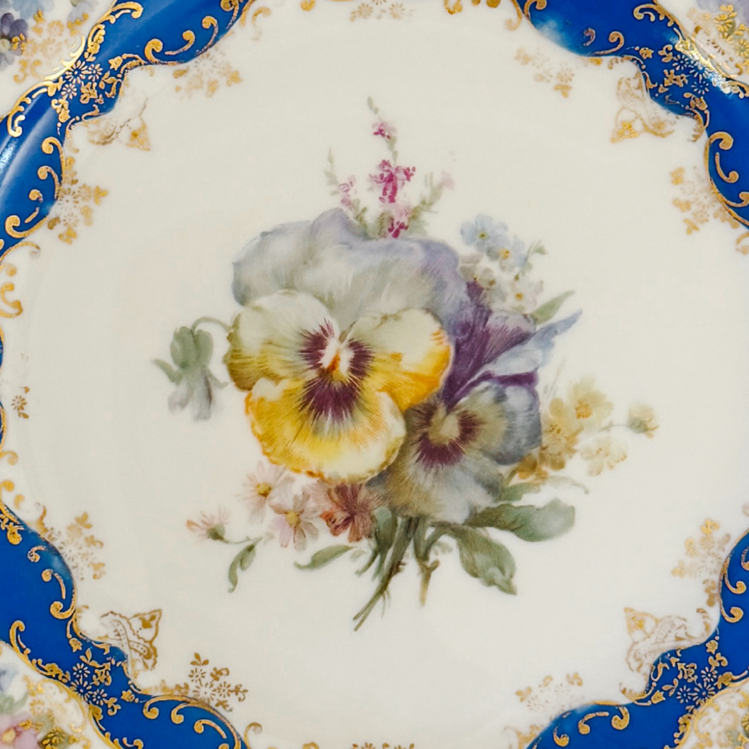 Antique Rosenthal Cobalt Blue & Gilt Octagonal Floral Dinner Plates, Set of 12