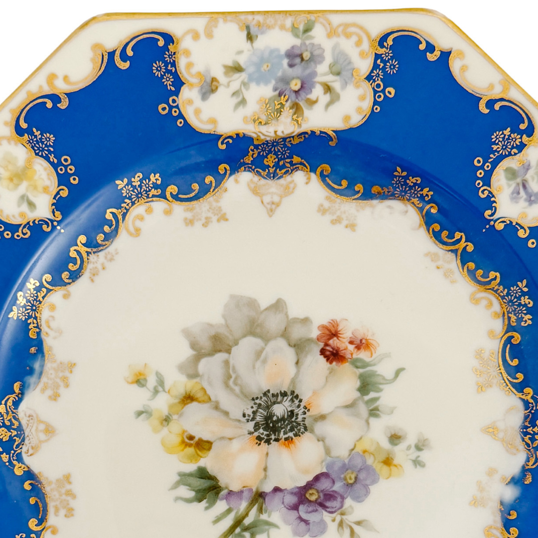 Antique Rosenthal Cobalt Blue & Gilt Octagonal Floral Dinner Plates, Set of 12