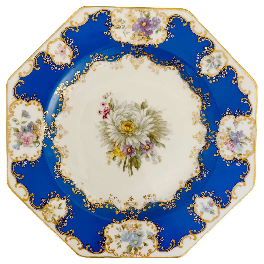 Antique Rosenthal Cobalt Blue & Gilt Octagonal Floral Dinner Plates, Set of 12