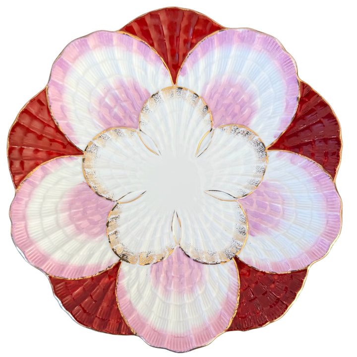 Antique Victorian Shell-Form Porcelain Cabinet Plate in Pink, Crimson & Gilded Details