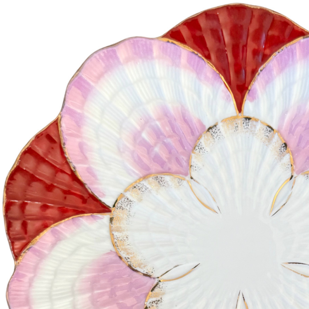Antique Victorian Shell-Form Porcelain Cabinet Plate in Pink, Crimson & Gilded Details